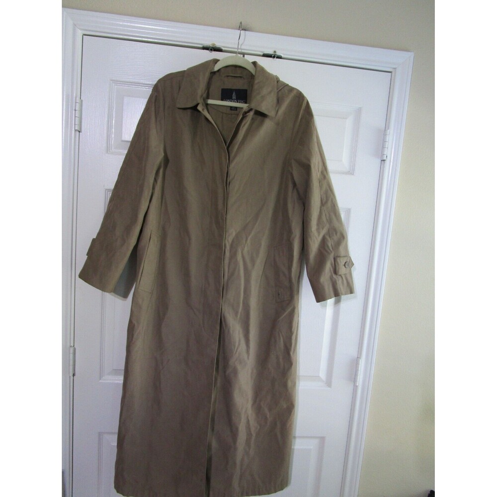 London Fog Womens Trench Coat Size 6 Khaki Removable Hood Button Up Lined VTG